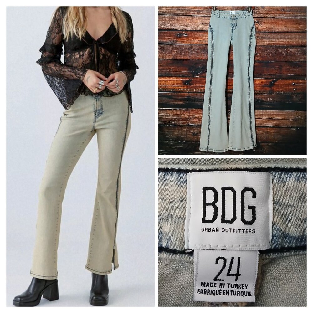 BDG Jeans 24 Urban Outfitters Zipped Up Flare Blue Tan Denim Stretch